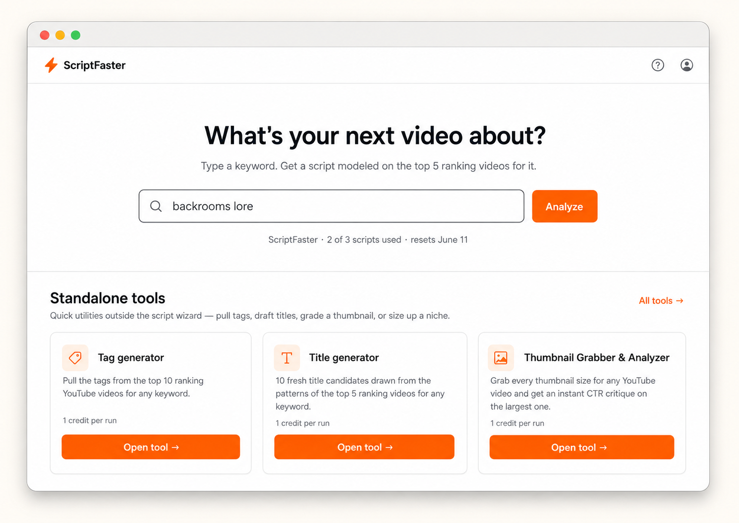 Wizard step 0: keyword input asking "What's your next video about?" with the standalone tools row below.