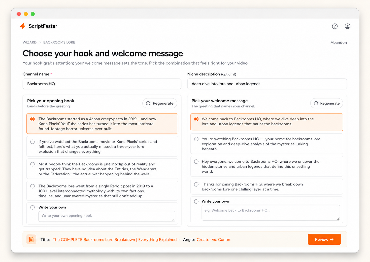 Wizard step 3: channel name + niche inputs with hook and welcome message options.