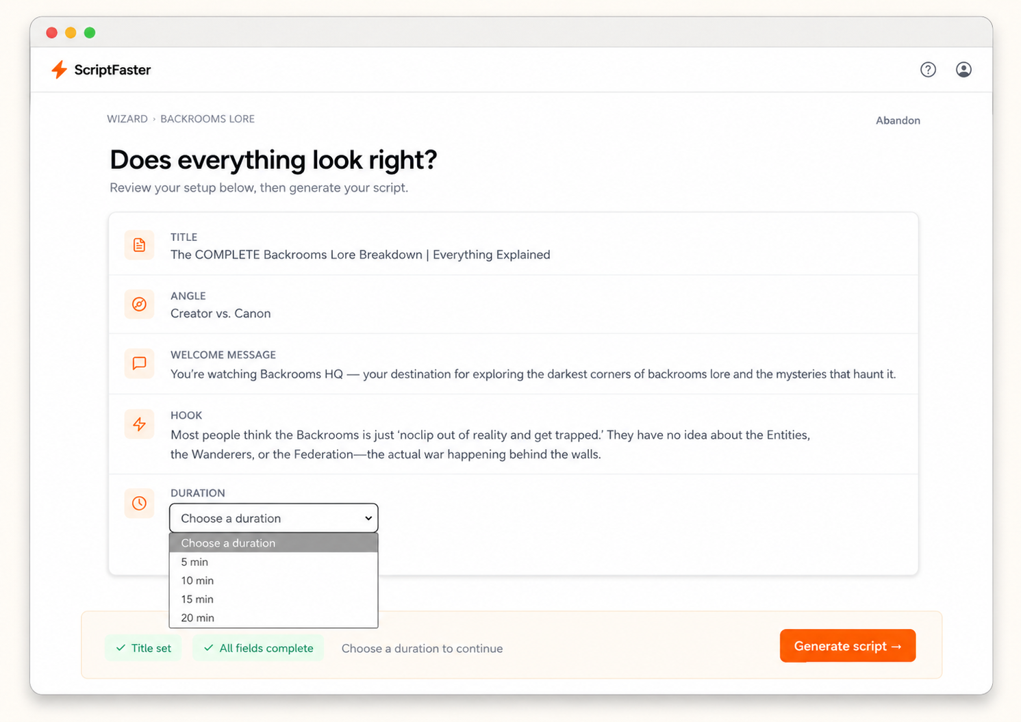 Wizard step 4: review screen with title, angle, welcome, hook and a duration dropdown.